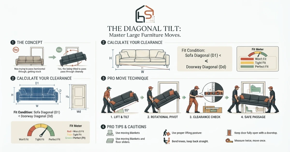 Furniture fit calculator illustrating the tilted diagonal carry method