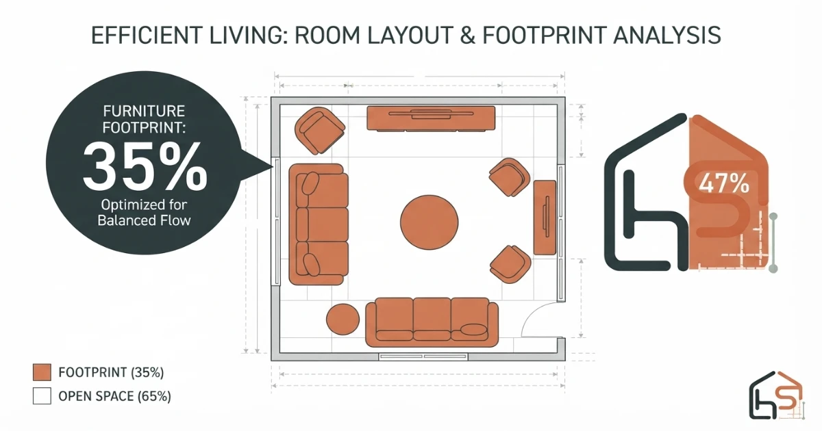 Room layout calculator illustrating the furniture footprint percentage of a floor plan