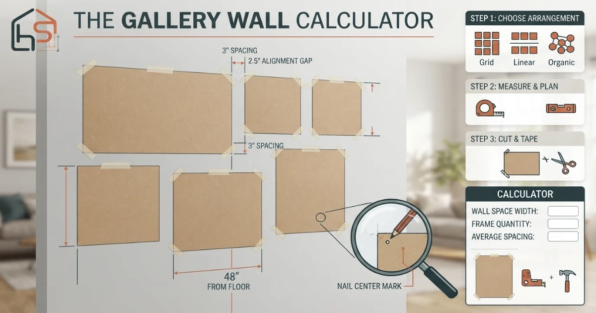 Gallery wall calculator showing hanging height measured from the floor