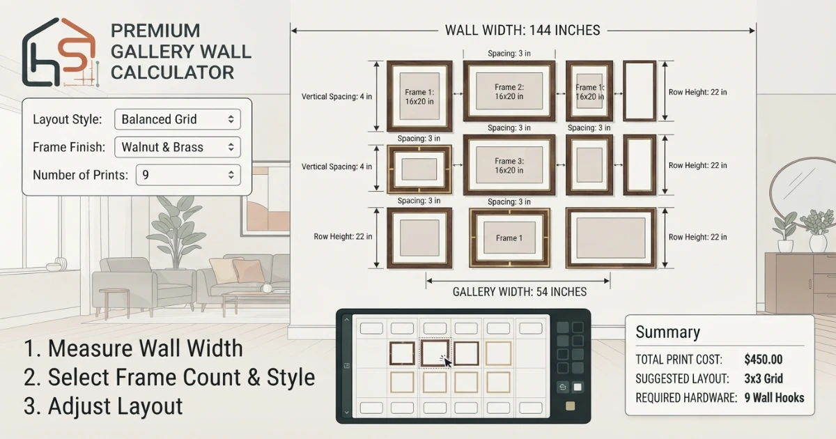 Gallery wall calculator illustrating a paper template layout taped to the wall