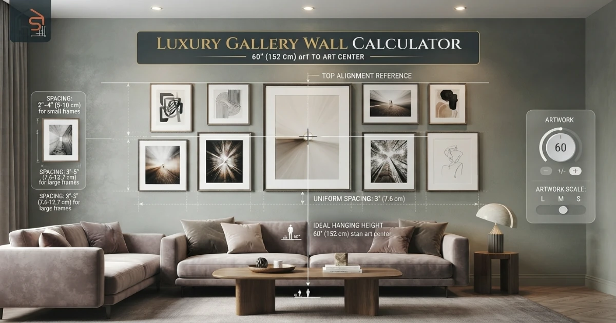 Gallery wall calculator showing wall width measurement for a frame layout