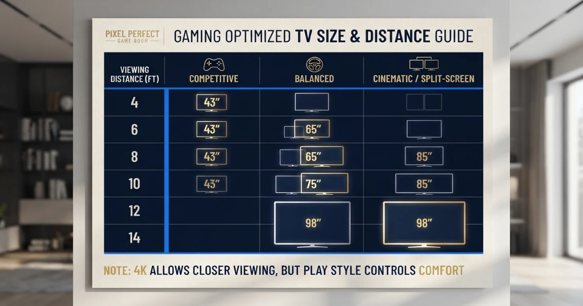 TV size for gaming distance chart from 4 to 14 feet