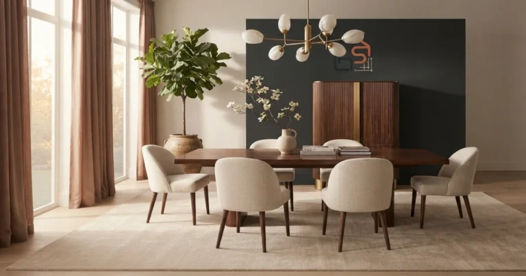 Spacious dining room with 10×14 rug size dining table 6 chairs
