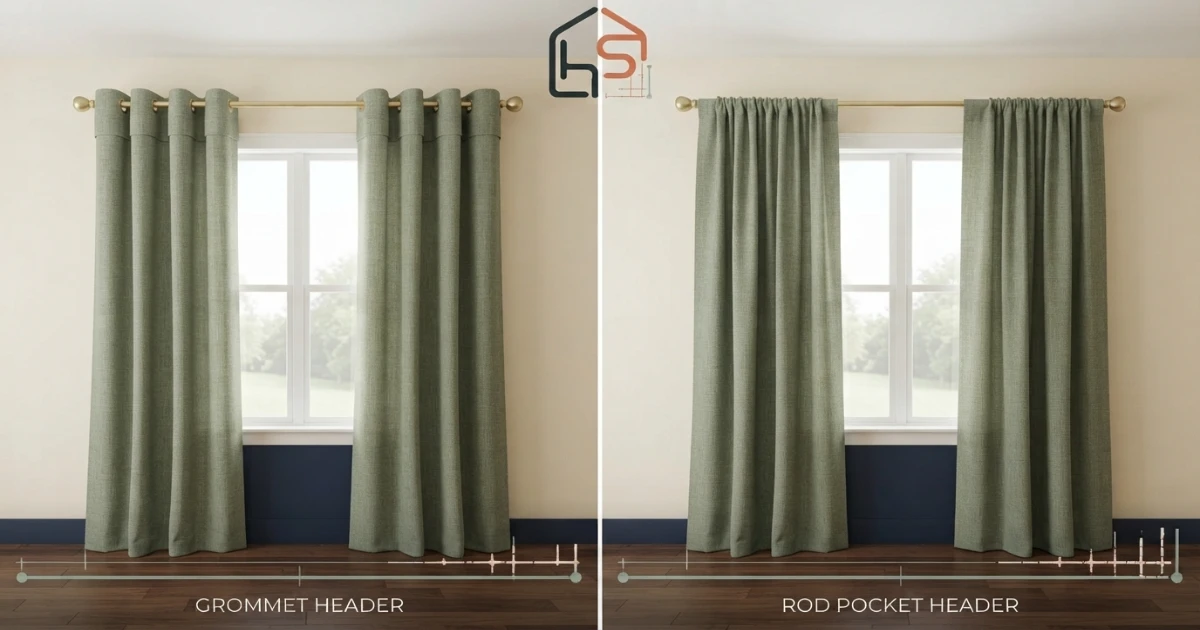 Grommet curtain length vs rod pocket comparison in a living room