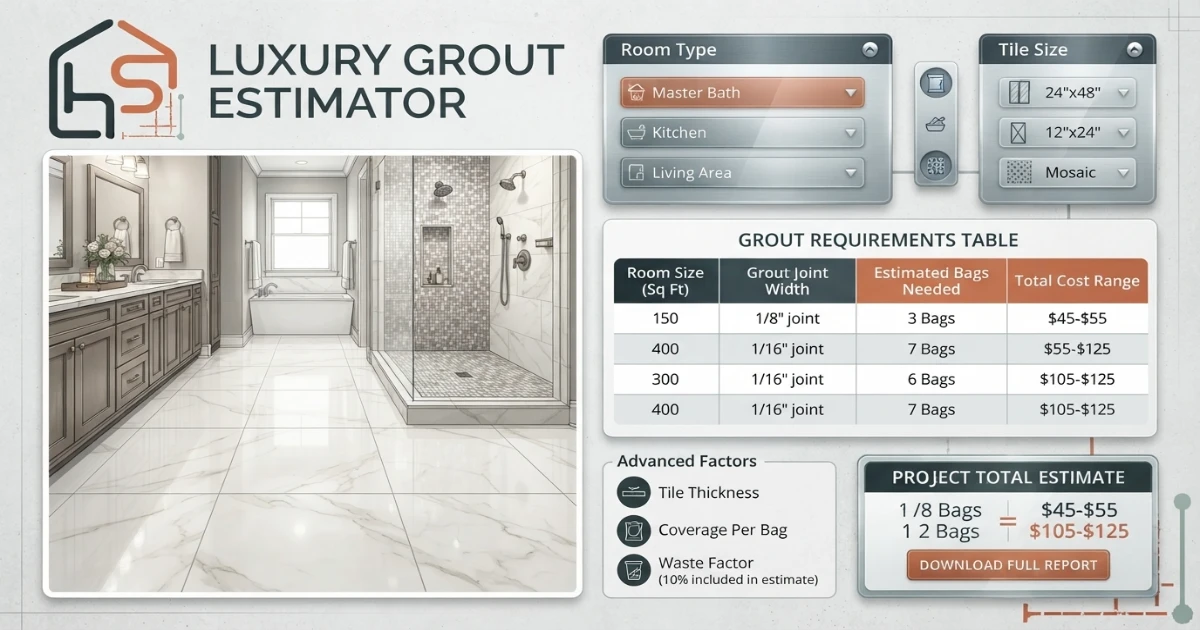 Grout calculator showing bag count needed for different room sizes