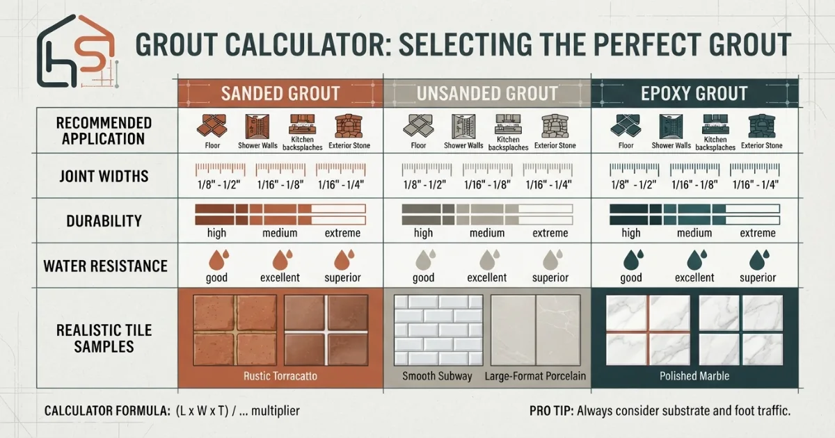 Grout calculator comparing sanded, unsanded and epoxy grout types