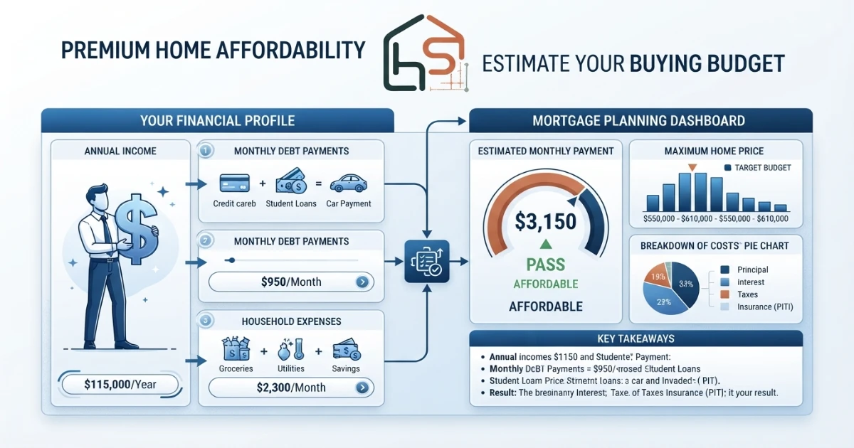 Home affordability calculator showing income and monthly debt input fields