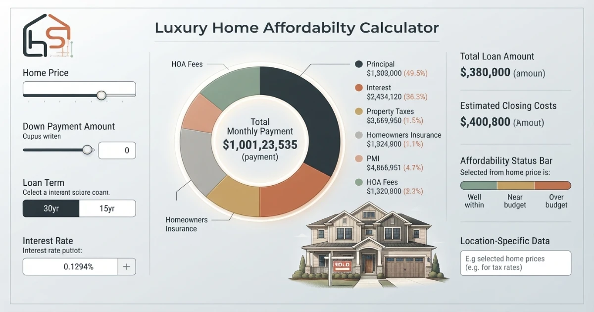 Home affordability calculator showing monthly payment breakdown of principal, interest, taxes and insurance
