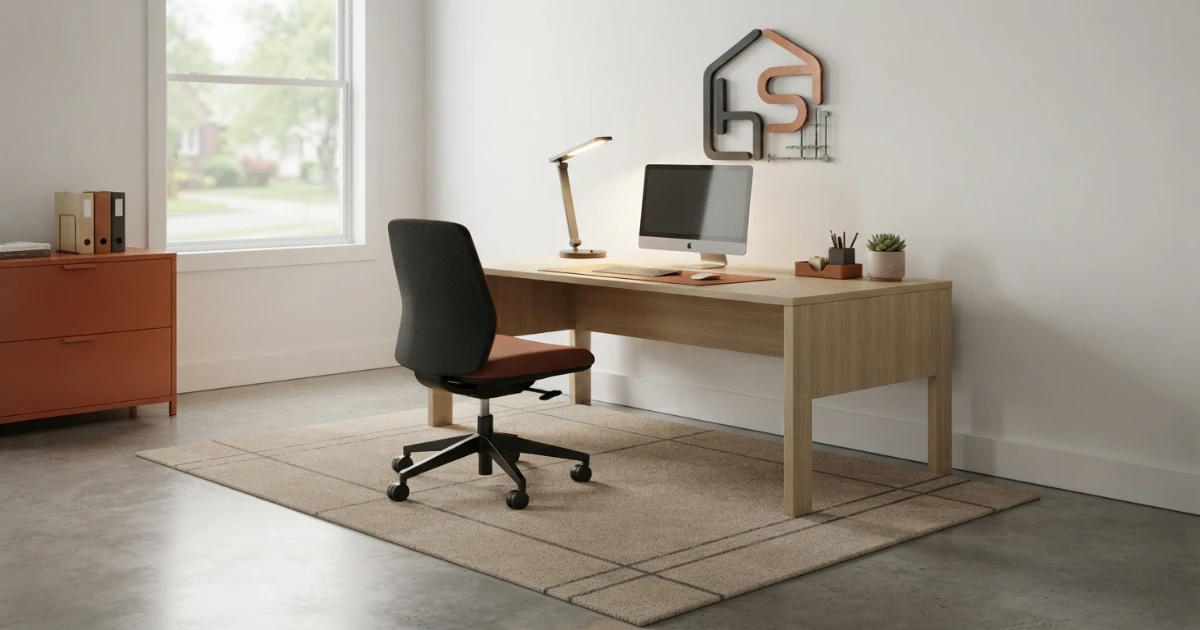 Home office rug placement rules under a desk and rolling chair
