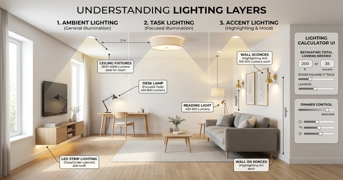 Lighting calculator comparing ambient, task and accent lumens