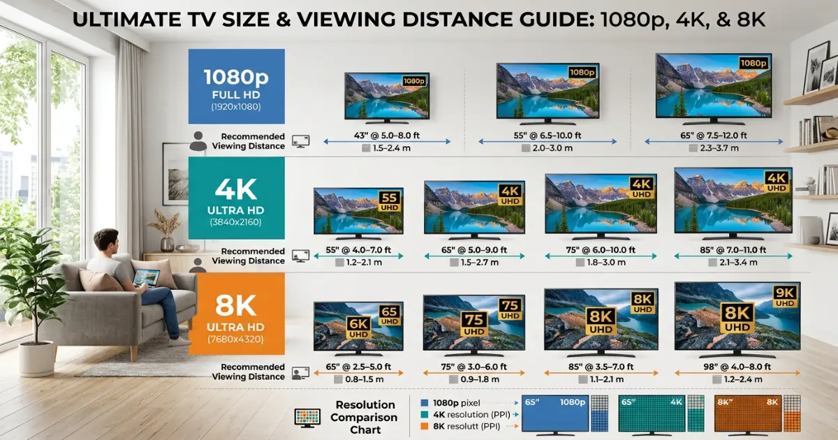 TV size calculator comparing 1080p, 4K and 8K recommended sizes