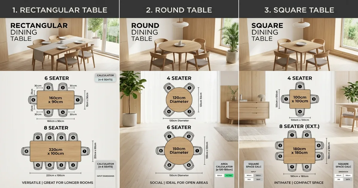 Dining table size calculator comparing rectangular, round and square shapes