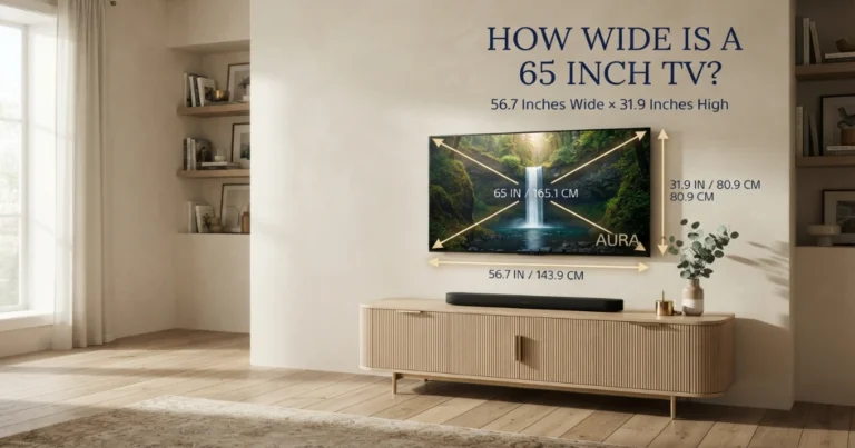 65 inch TV width 56.7 inches with height and diagonal measurements in a refined living room
