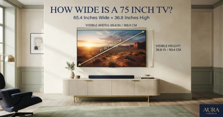 75 inch TV width 65.4 inches with height and diagonal measurements in a large living room