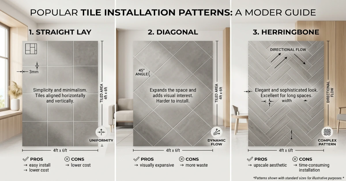 Tile calculator showing straight, diagonal and herringbone layout patterns compared