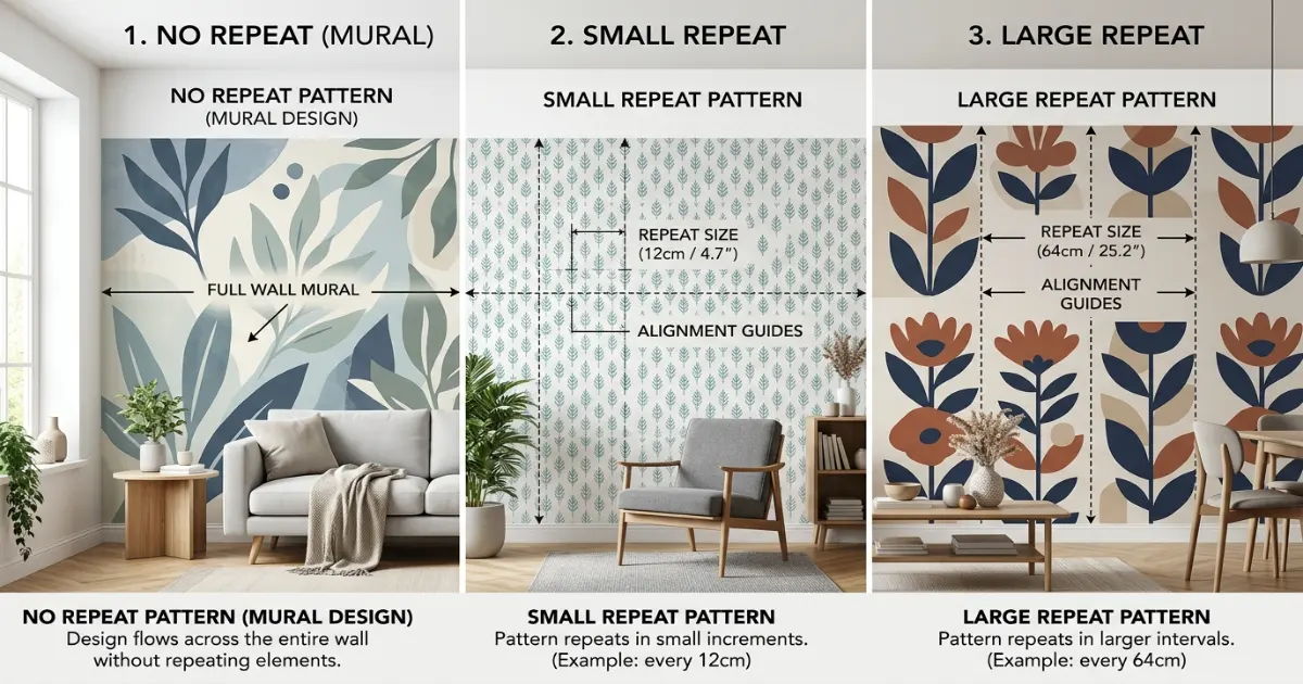 Wallpaper calculator showing no repeat, small repeat and large repeat patterns compared