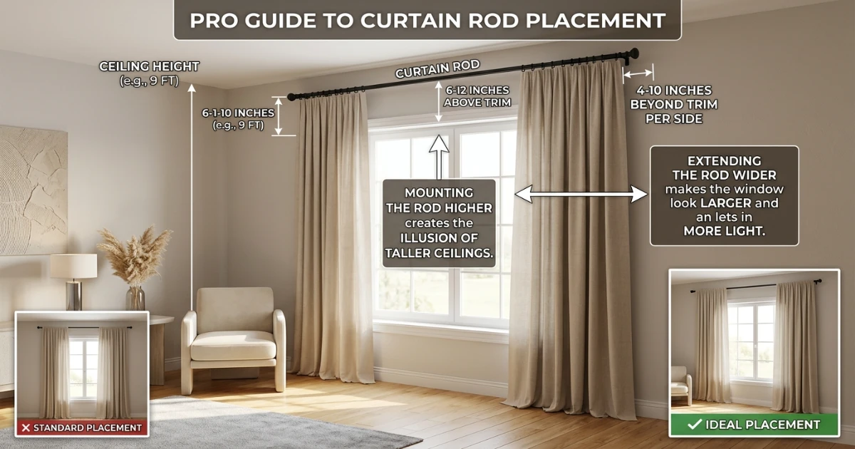 Curtain size calculator showing rod mounted high and wide above a window frame
