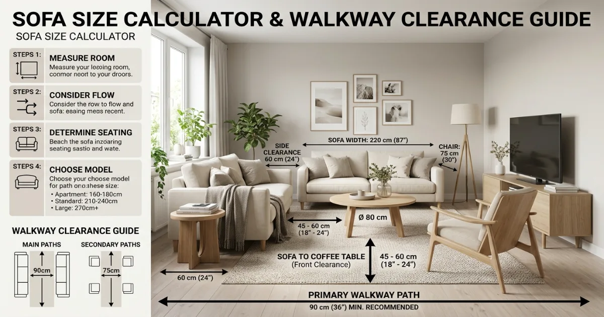 Sofa size calculator showing walkway clearance planned in front of a sofa