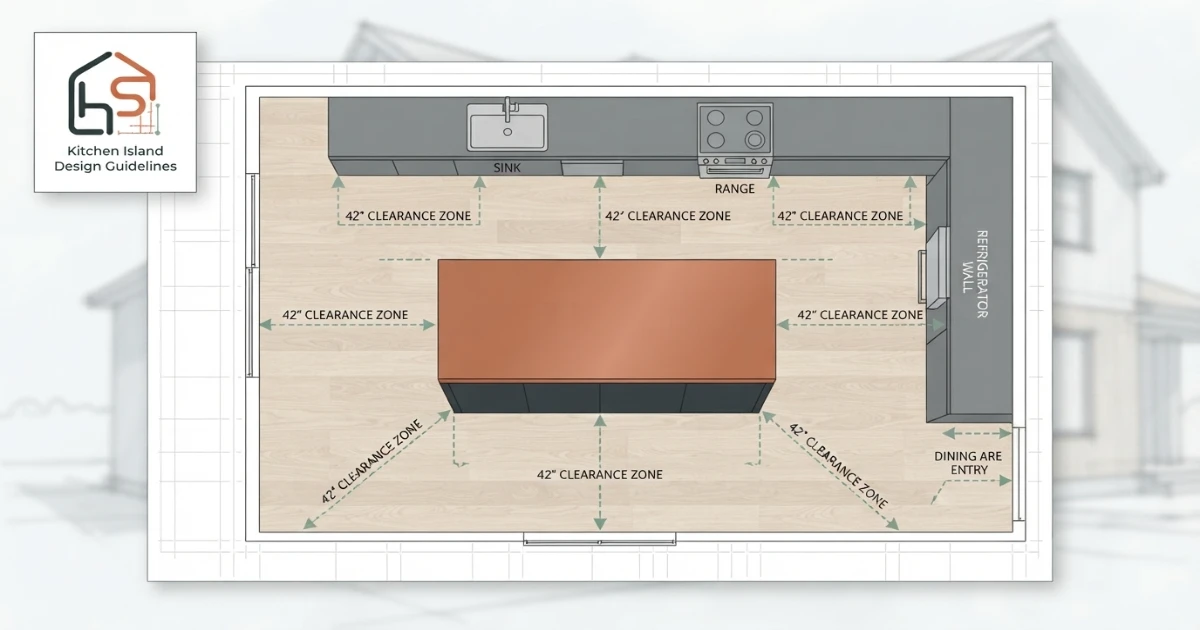 Kitchen island size calculator illustrating the 42 inch clearance rule on both sides of an island