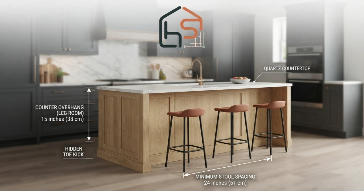 Kitchen island size calculator showing recommended seating overhang above the counter