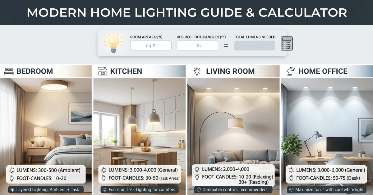 Lighting calculator diagram showing room type and recommended lumens