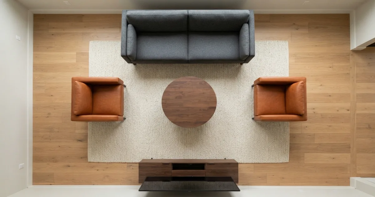 How much floor around rug edges in a living room with balanced furniture placement