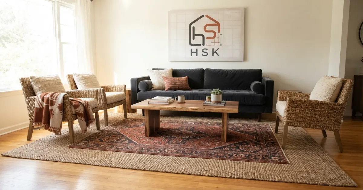 Layering rugs sizes in a living room with a natural base and patterned top rug