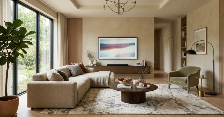 Modern living room layout with sofa, rug and TV focal point