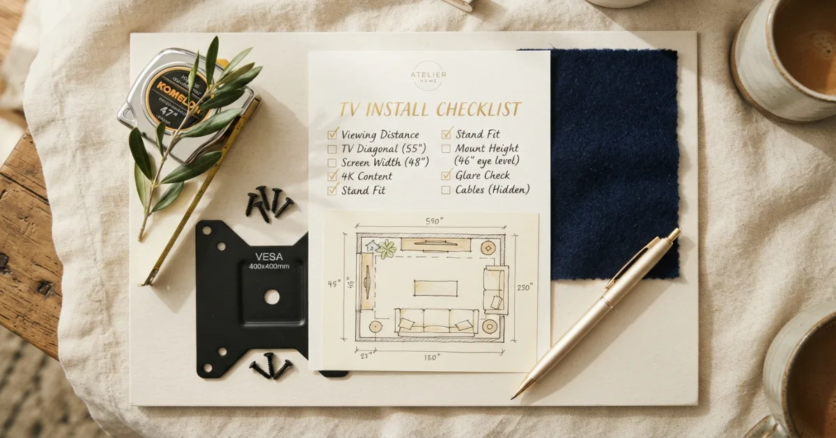 Living room TV size buying checklist with viewing distance screen width and stand fit