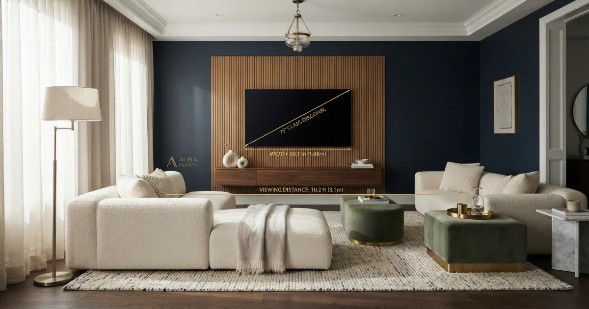What size TV for living room guide based on viewing distance, screen width and wall fit