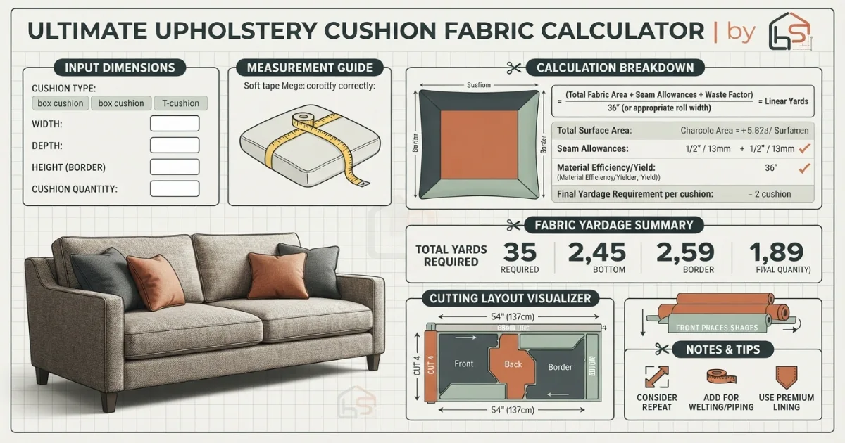 Upholstery fabric calculator showing loose cushion fabric requirements