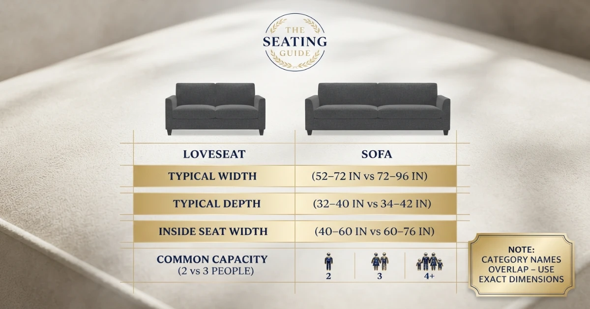 Loveseat vs sofa size dimensions chart with width depth height and seating