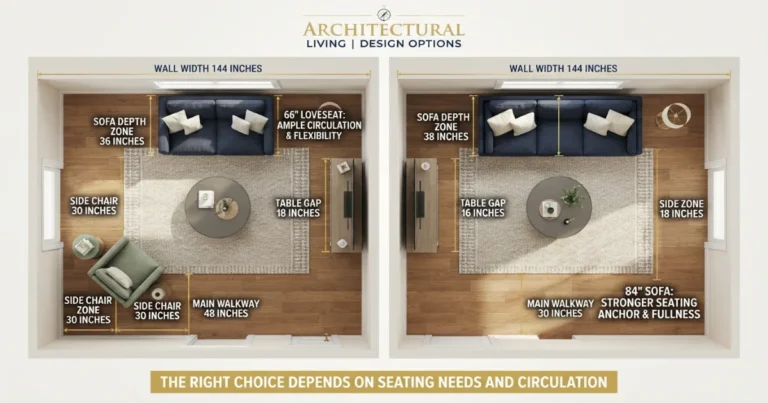 Top‑down room plans comparing a loveseat and a sofa in a compact and a medium living room