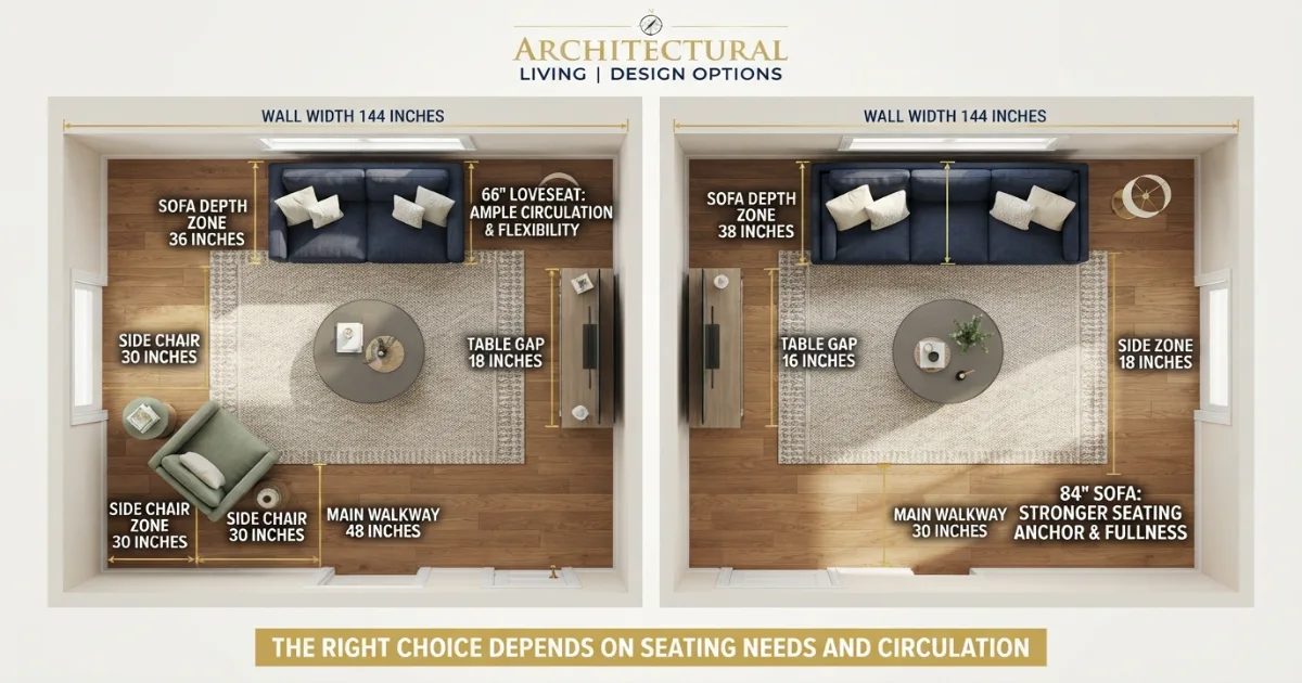 Loveseat vs sofa size room layouts for 10x10 12x12 and 15x15 rooms