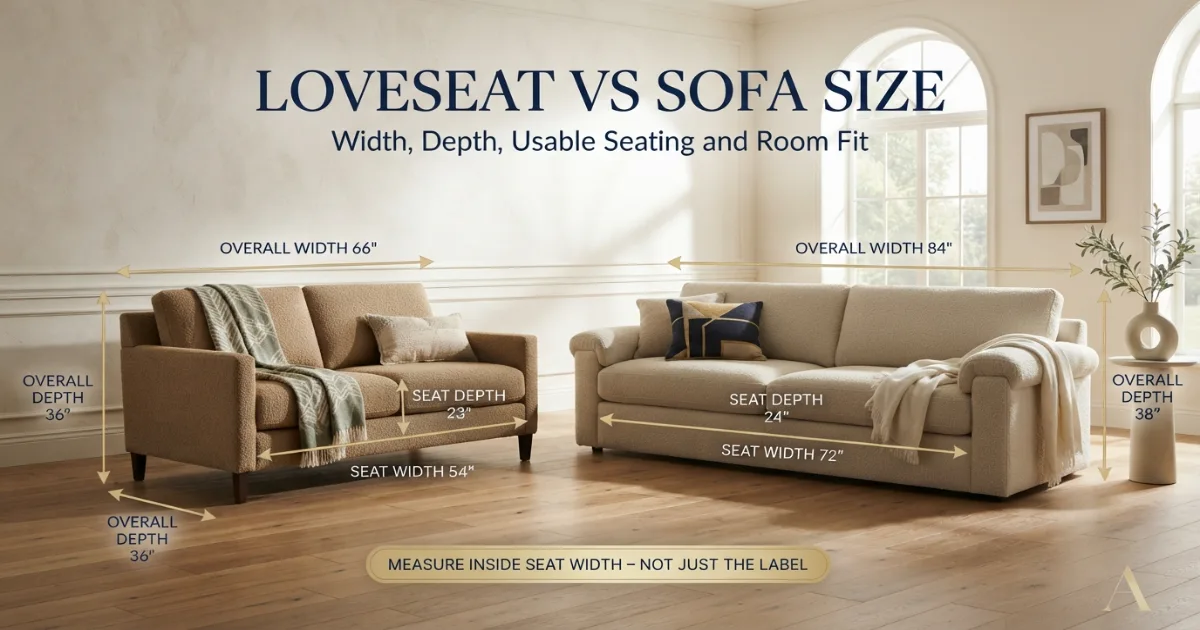Loveseat vs sofa size comparison with overall and seat dimensions
