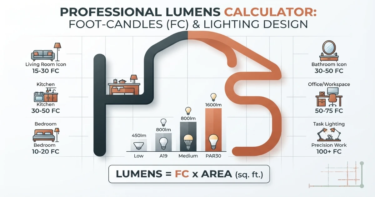 Lumens calculator illustrating foot-candle target by room type