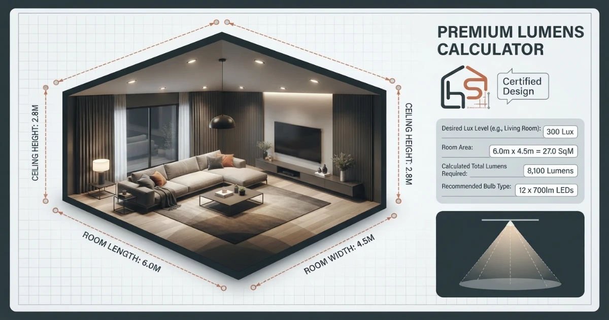 Lumens calculator showing room measurement for lighting planning