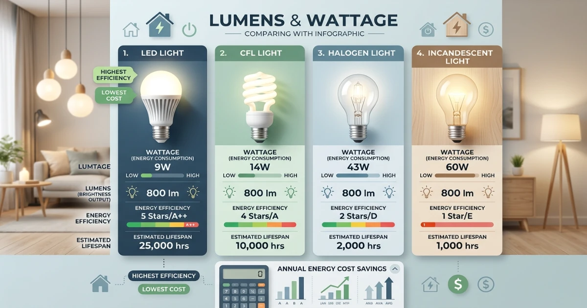 Lighting calculator comparing LED, CFL, halogen and incandescent wattage