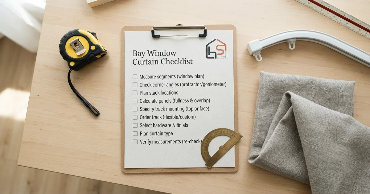 How to measure bay window curtains showing left center right segments outer returns corner angles and finished drop