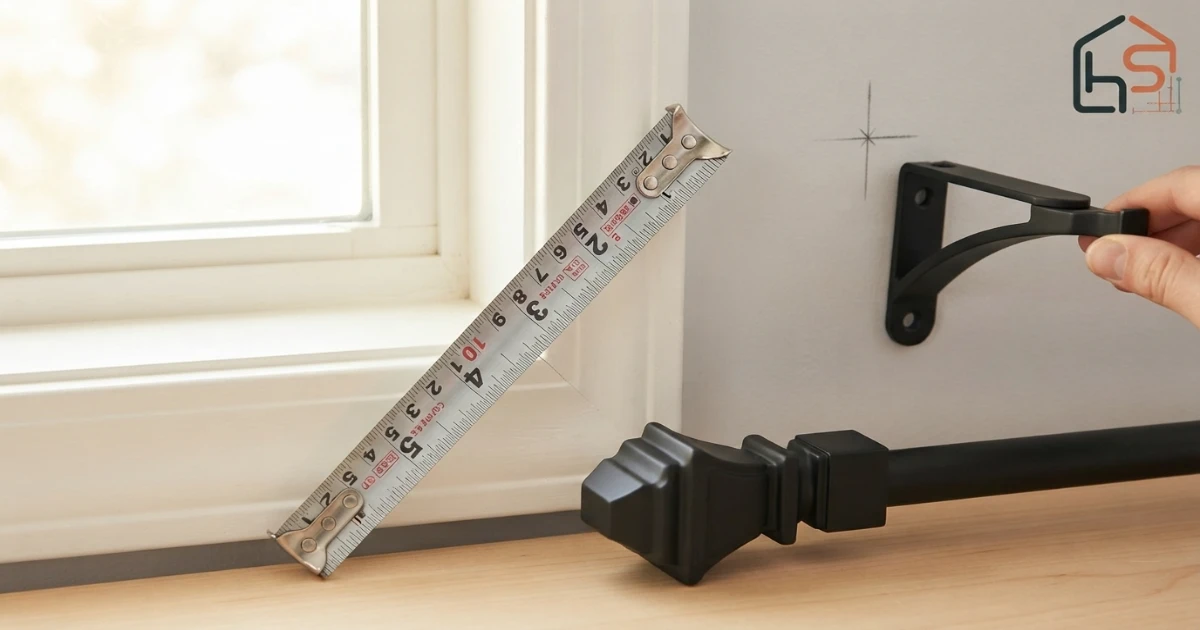 Curtain rod length measured from frame edge through side extension and finial