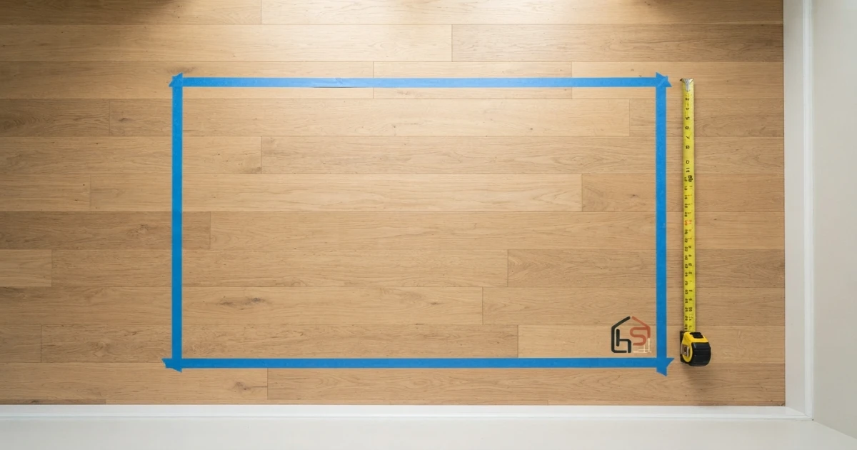 Measuring how much floor around rug edges remains with painter tape