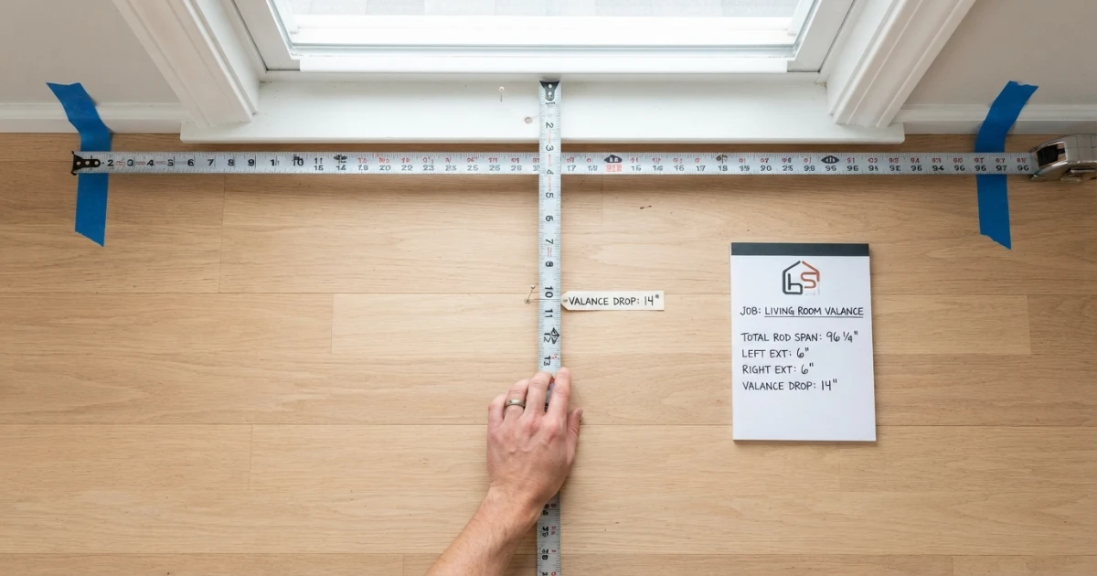 How to measure valance size showing rod width side extension returns and finished drop