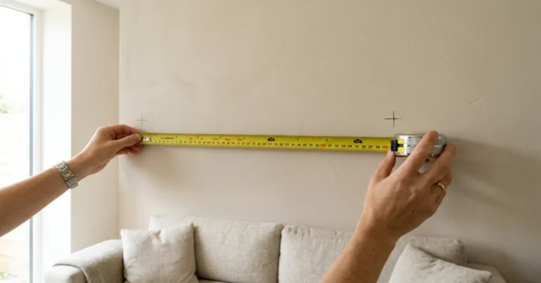 Measuring wall width with metal tape measure for art sizing