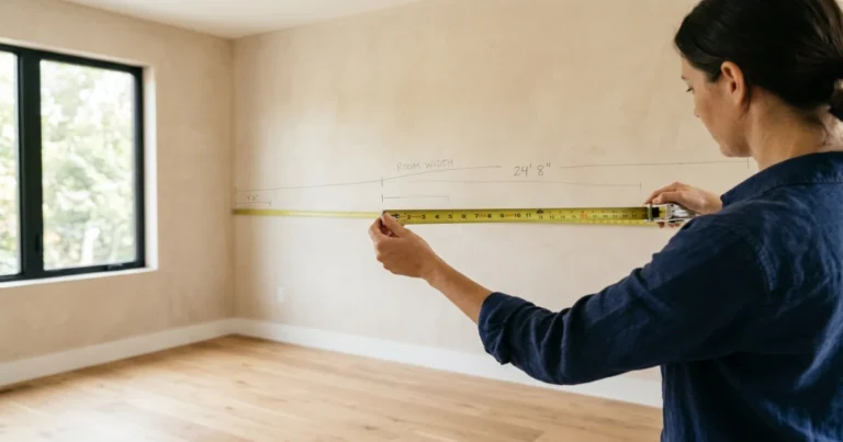 Measuring bedroom with tape measure for layout planning