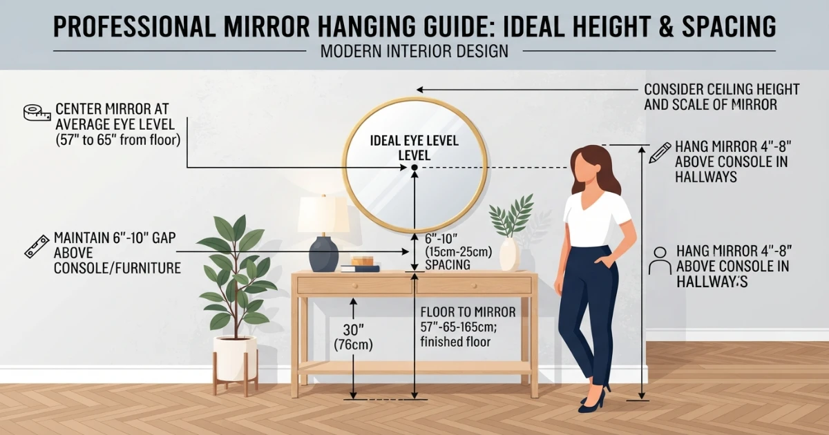 Mirror size calculator showing recommended hanging height at eye level