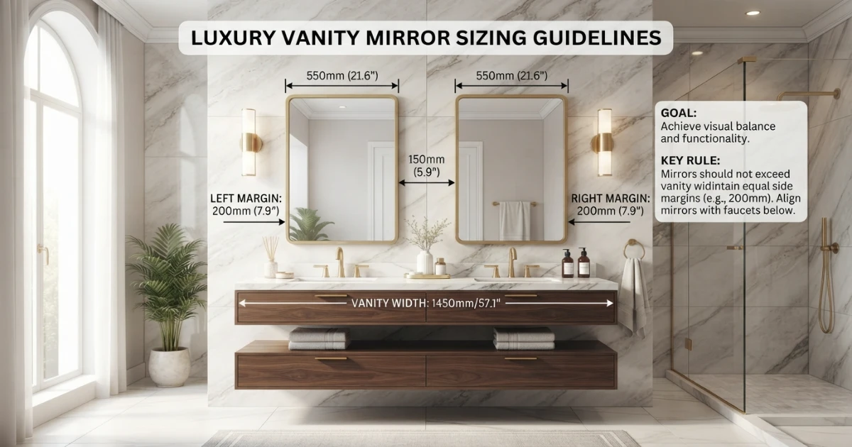 Mirror size calculator showing vanity width with margin on each side for the mirror