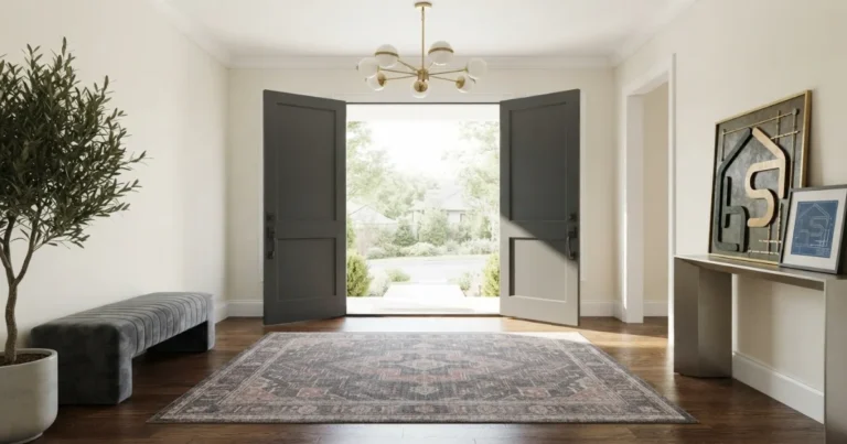 Entry rug sizing guide with door clearance