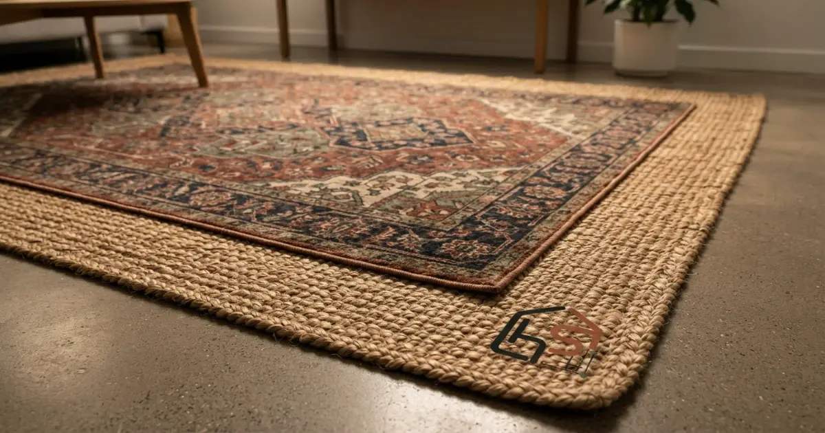 Natural fiber base rug layered with a patterned top rug