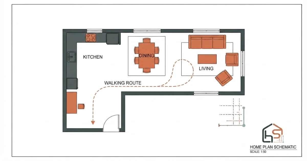 rug size open floor plan zone map for living dining and kitchen areas