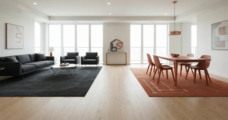 Living and dining rugs in an open concept room